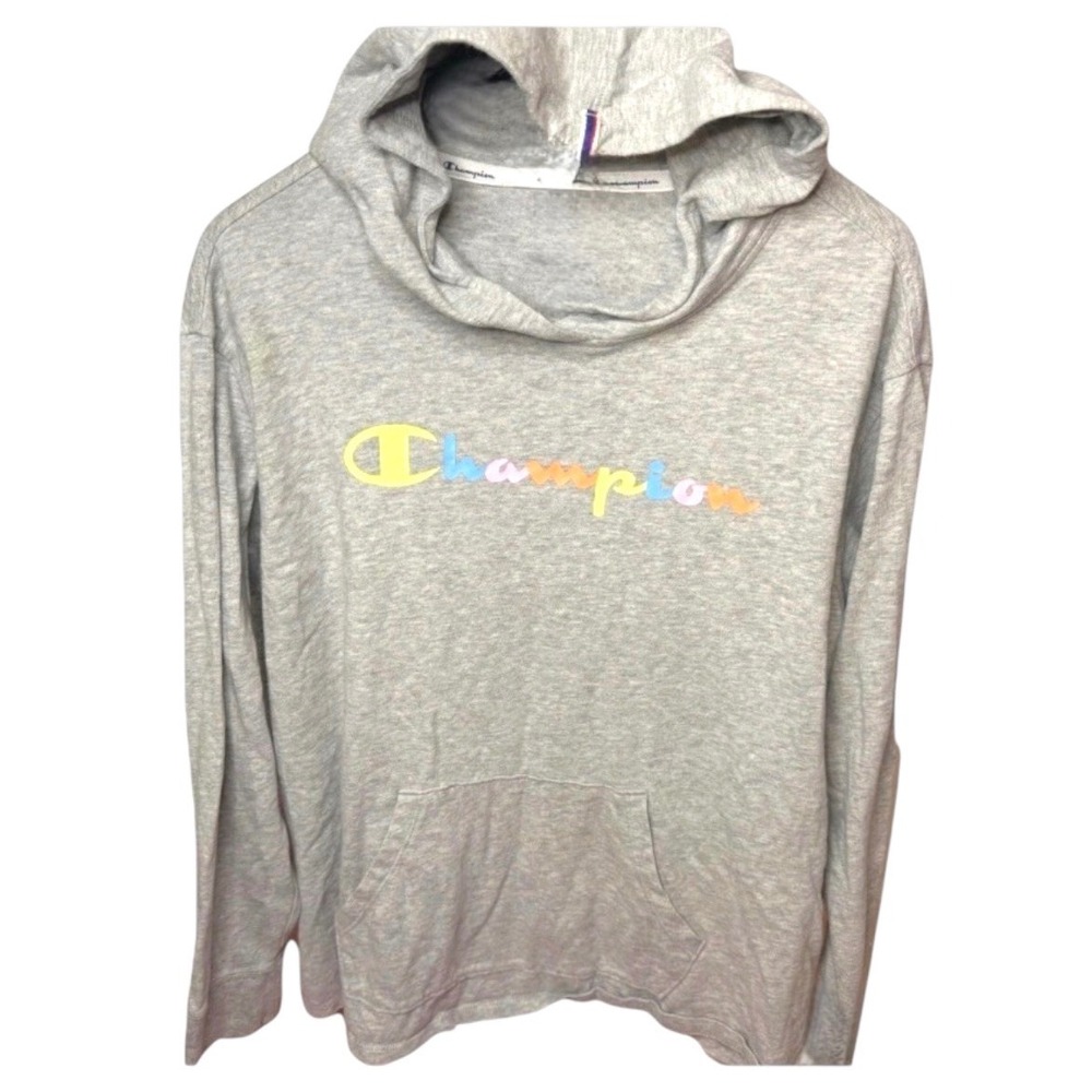 Champion Women's Large Gray Hoodie Lightweight Pullover Rainbow Logo Athletic